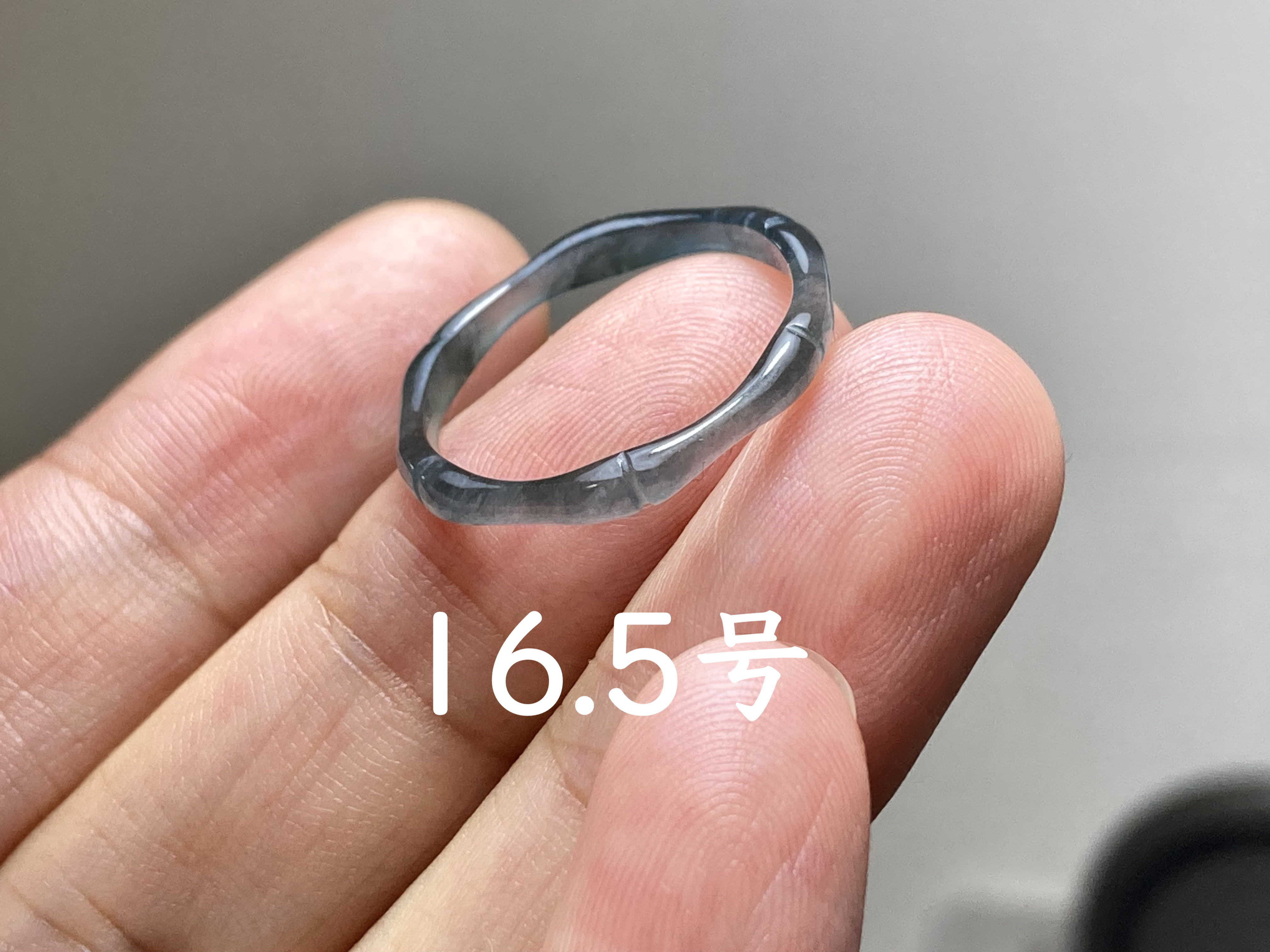 L13-215 細身 高氷種 竹節 リング 高級感 煙灰色 16.5号 グアテマラ産 A貨 本翡翠 くりぬき 黒翡翠