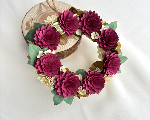 深紅と白のダリアリース ペーパーフラワーアート 秋の新作2025