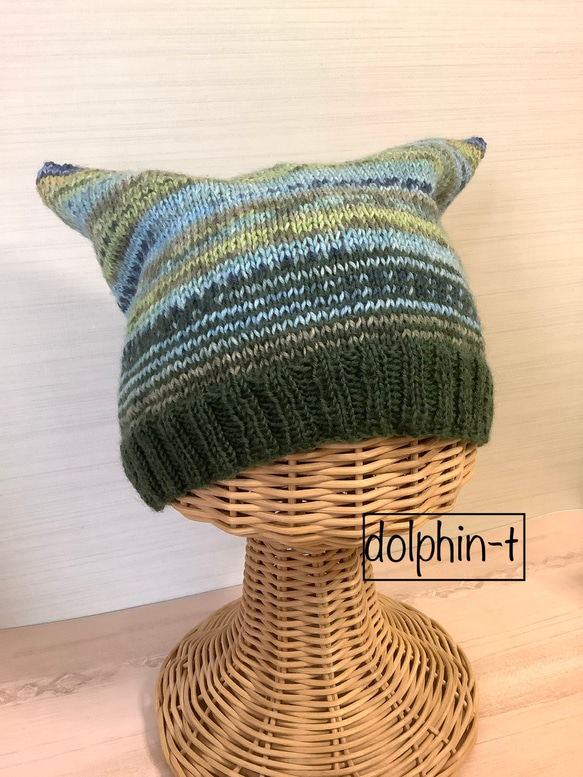 ゴッホ＊オパール毛糸の猫耳帽子　手編み　#26 1枚目の画像
