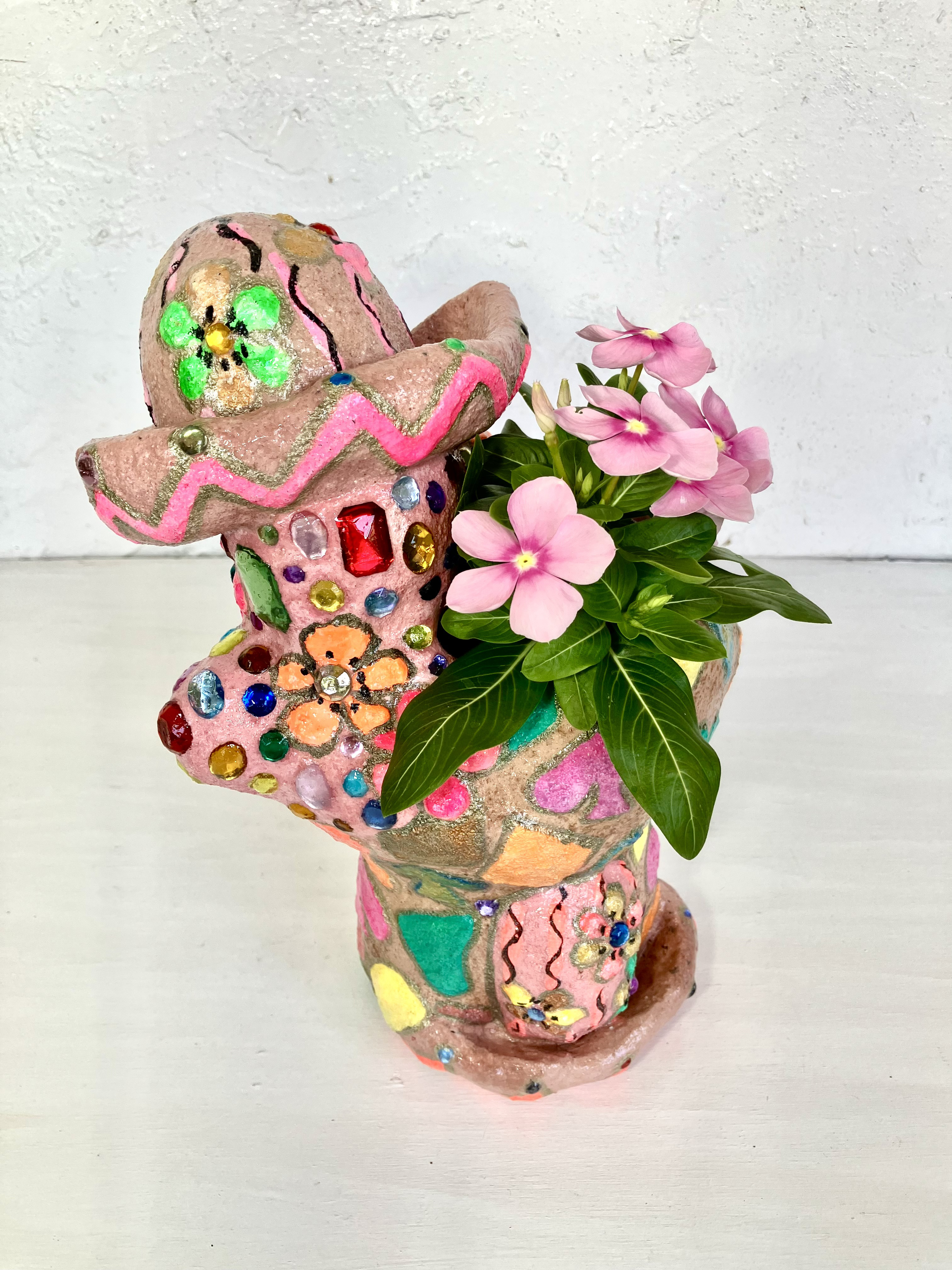 サボテン形　プランターオブジェ手作り　キラキラ　ピンク　セメント　植木鉢