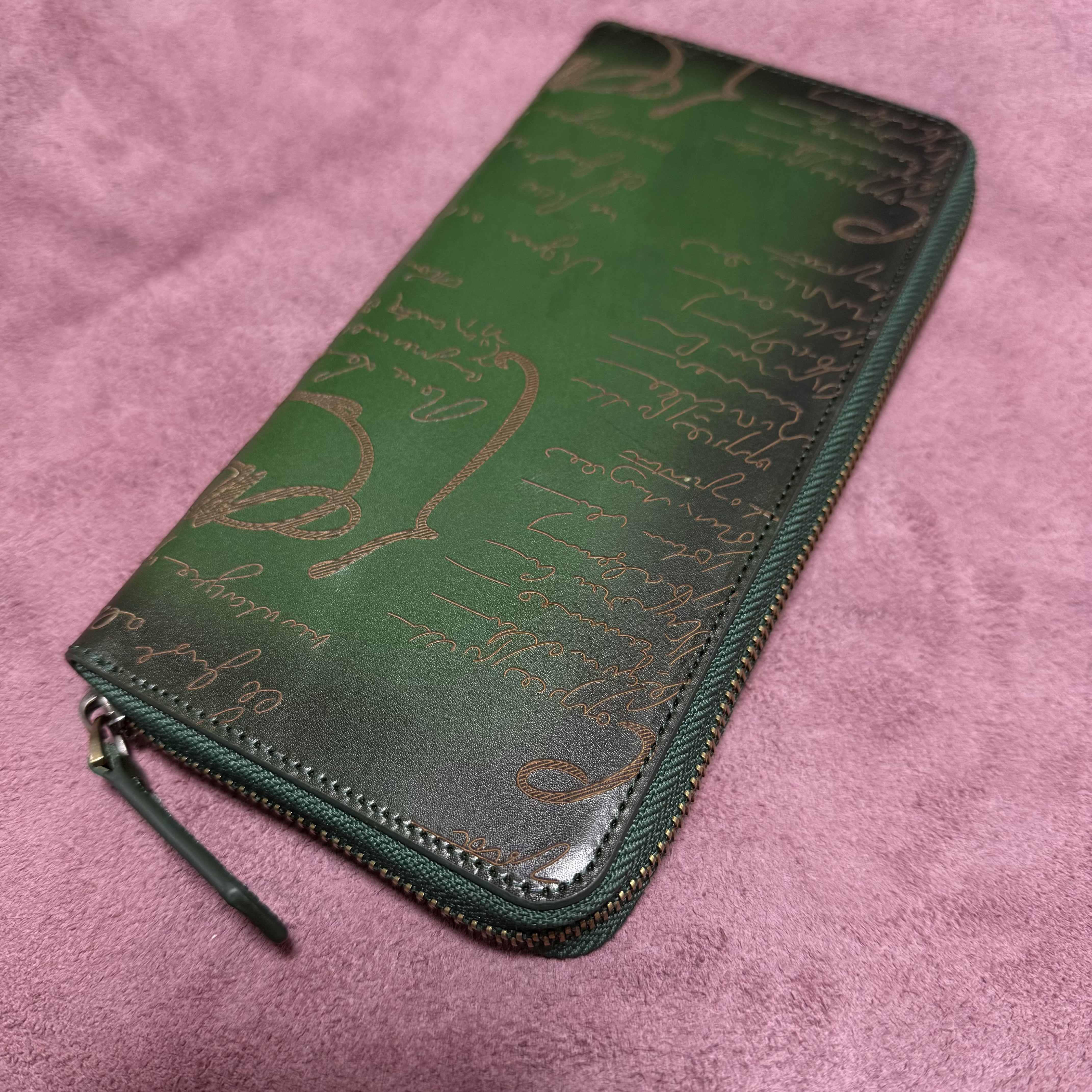 グリーン系　イタリアンレザー ハンドメイド 　長財布　メンズ 牛革本革男女兼用