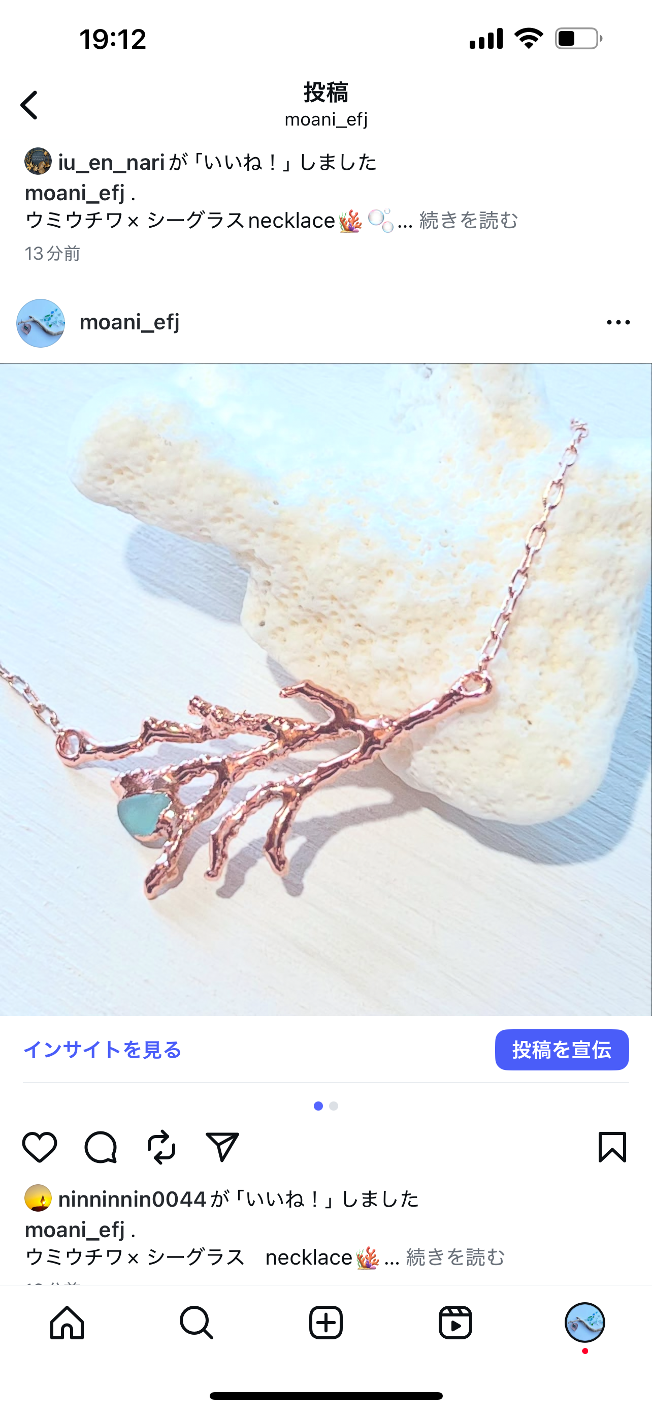 ウミウチワ　×   シーグラス　necklace （ブルー）