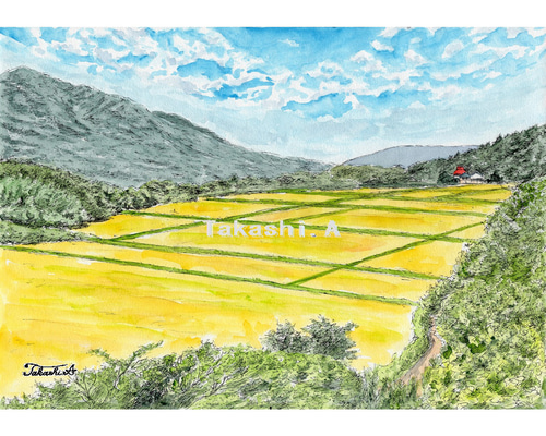 原画一点物 「眼下に広がる秋」＜ペンスケッチ＋透明水彩＞ 絵画