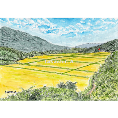 原画一点物 「眼下に広がる秋」＜ペンスケッチ＋透明水彩＞ 絵画
