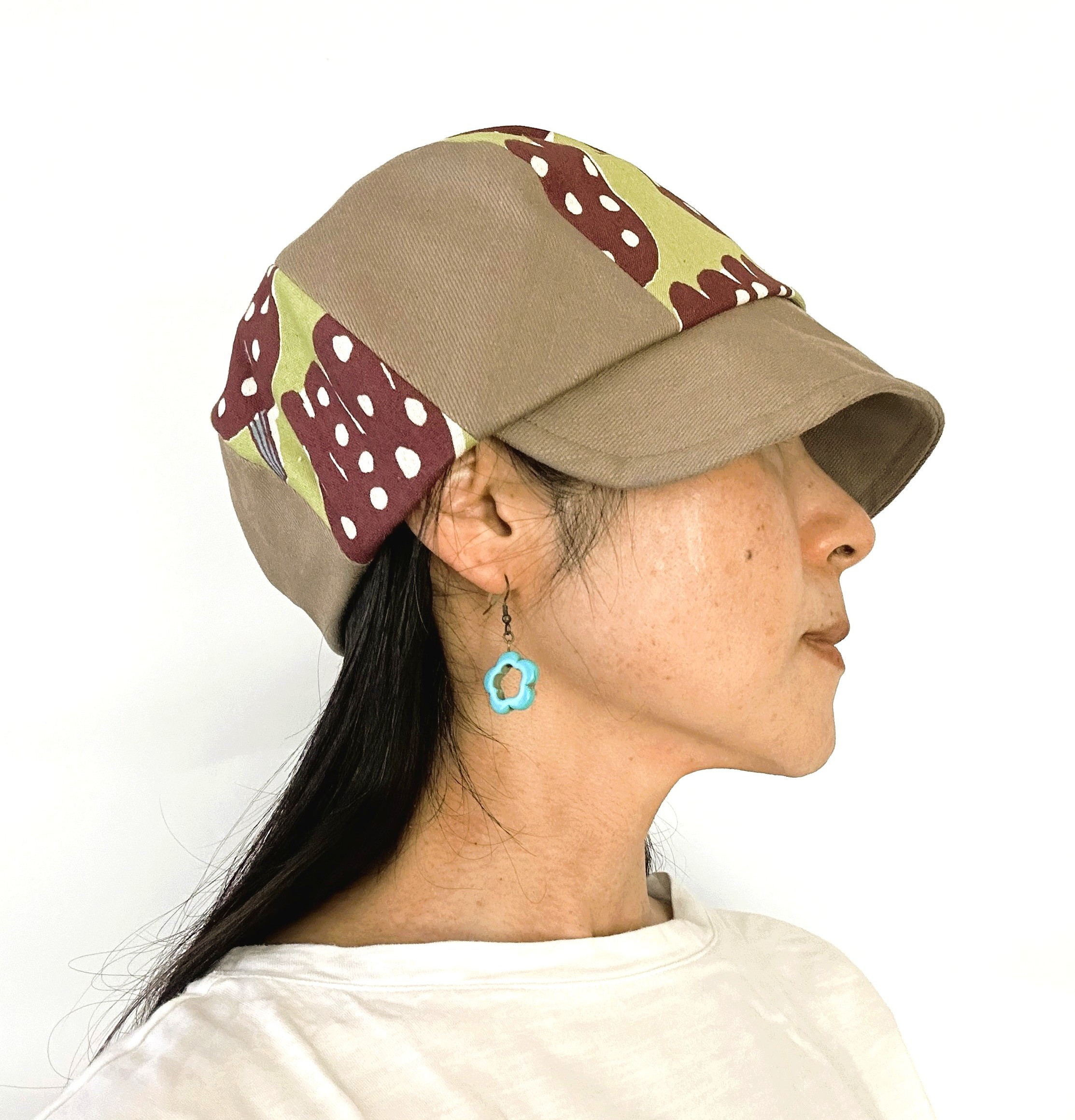 PoCoMoCoキャスケット　オリーブ色デニム　チューリップ柄　コットン　即納可