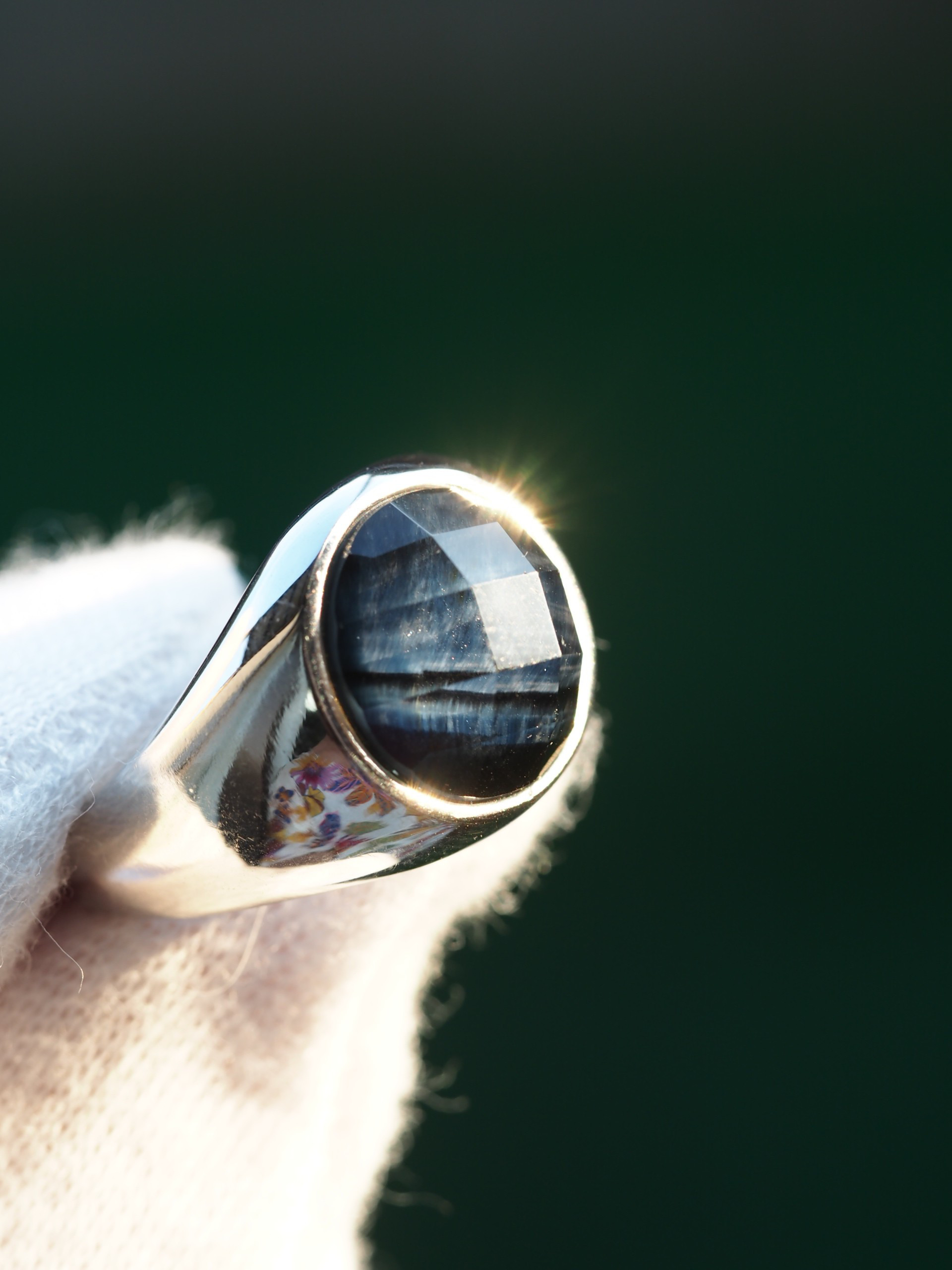 HDブルータイガーアイxクリスタル１２　（RC）　S925モダンデザインリング