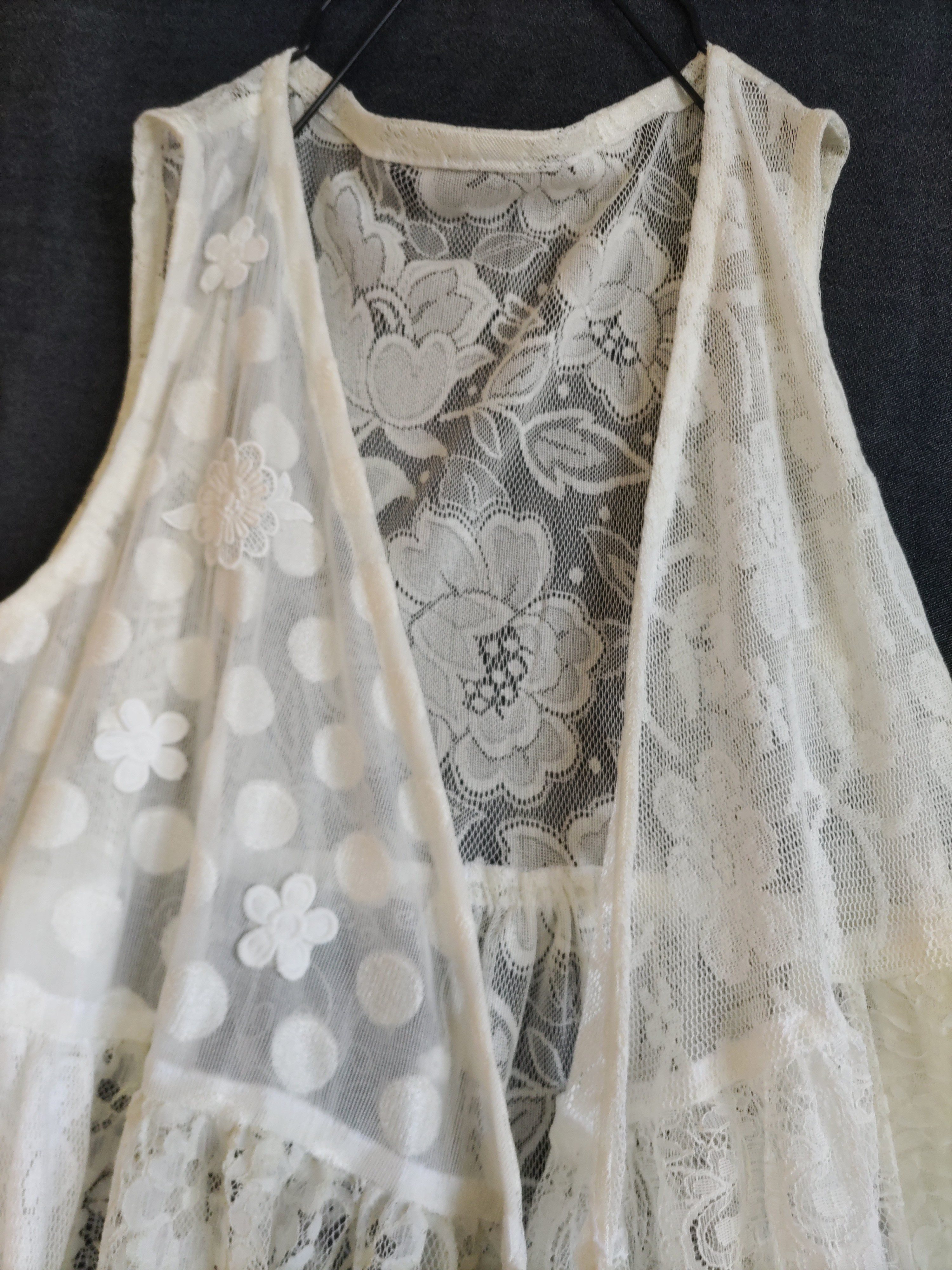 ②レース切替　カシュクールワンピース　　1点物　右水玉モチーフ後花レース