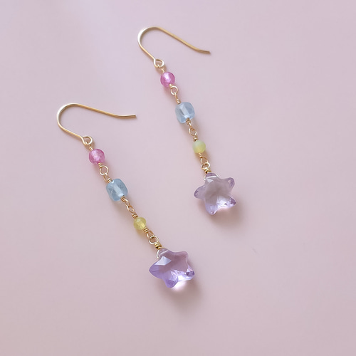 14KGF 星 アメジスト カラフル 天然石 ピアス イヤリング ピアス