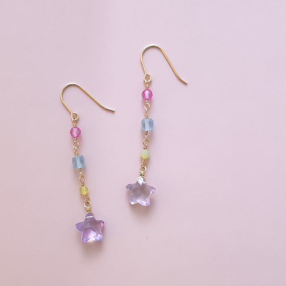 14kgf アメジストと星のピアス 14KGF 星 アメジスト カラフル 天然石 ピアス イヤリング ピアス