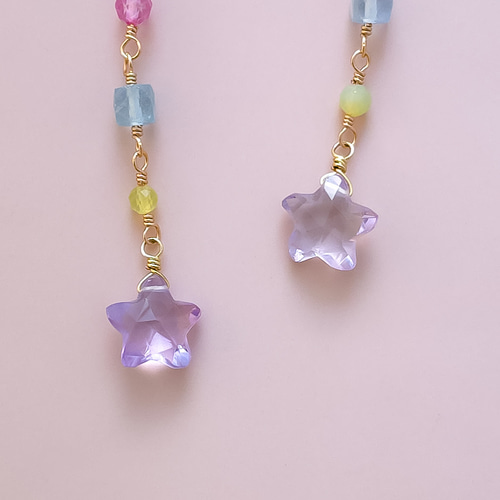 14kgf 天然石 ビアクォーツ グリーンアメジスト ピアス イヤリング