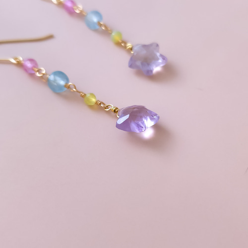 14KGF 星 アメジスト カラフル 天然石 ピアス イヤリング ピアス