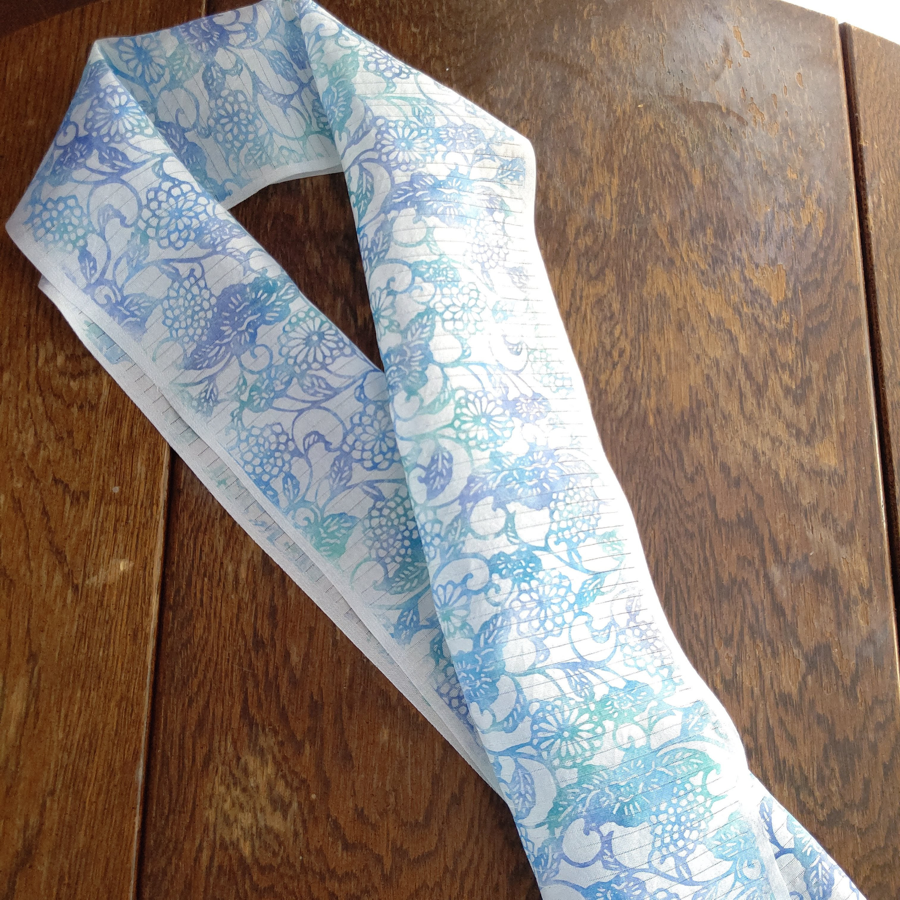 夏 絹絽 型染め半衿 小花唐草 ブルー系