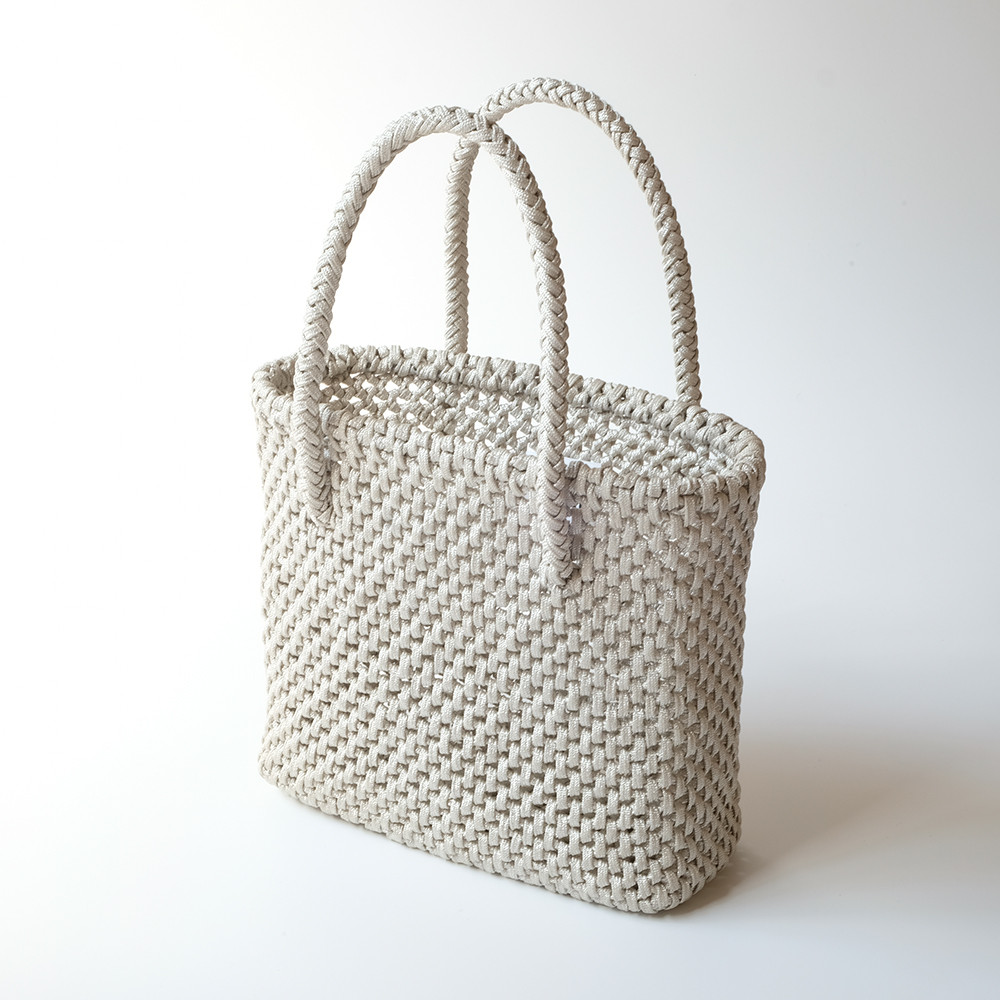 京都発 作家オリジナル 手編み メタリックコード トートバッグ M シルバー色 TwillTwill