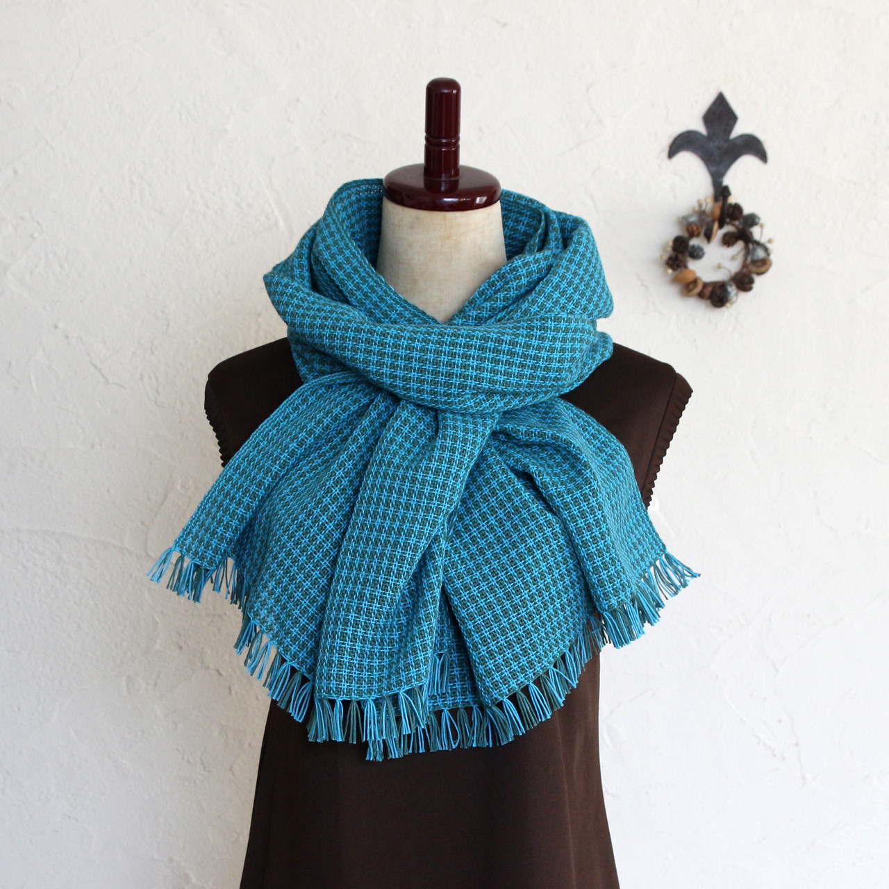 コットン100％チクチクしない手織りストール【ターコイズブルーxフカミドリの千鳥格子柄】