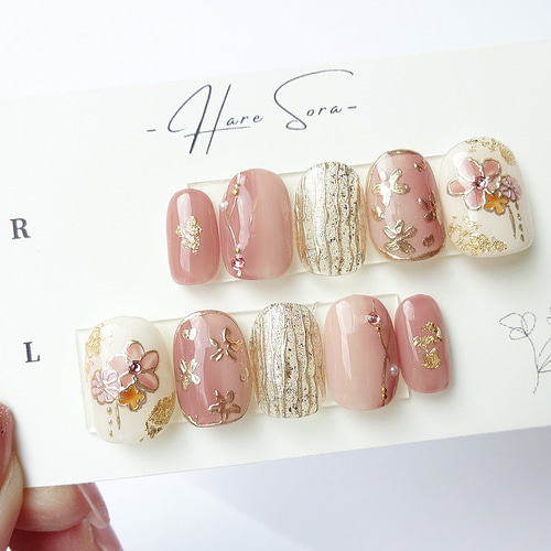 9センチ鬼ポイント♡成人式 前撮り オーダー 受付中♡ネイル ネイルチップ 和装にお似合いのピンクフラワーネイルチップ/成人式/振袖/前撮り/結婚