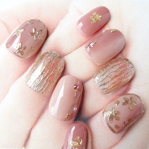 ピンクラメ水引フラワーニュアンスネイル ブライダル 前撮り 成人式 冬 七五三 ブライダルネイル/ミラーフラワー/ニュアンス/白無垢/結婚式/和装