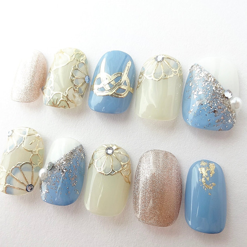 ［NO.4］ネイルチップ 和柄 成人式 振袖 ブルー 成人式ネイル/青/和柄ネイル/振袖ネイル/着物/白無垢/和装