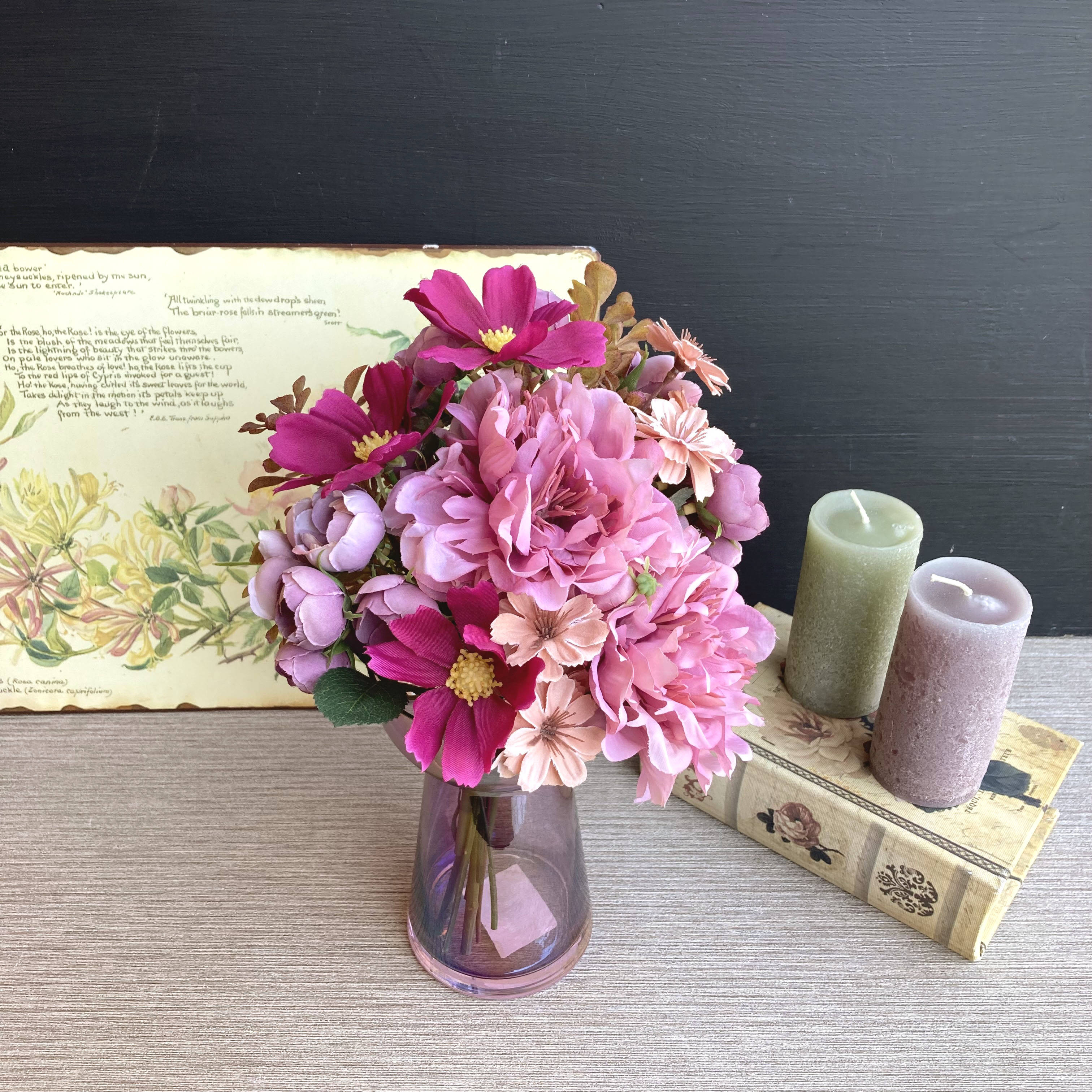 一点物【敬老の日・誕生日】コスモスとバラのアートフラワーブーケ（フラワーベース付）　アーティフィシャルフラワー／フェイク