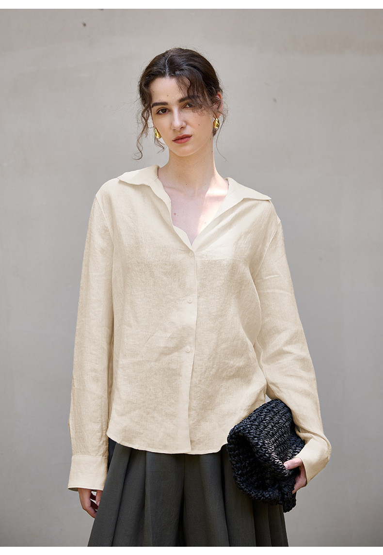 【100%リネン】Vネック ブラウス ゆったり 秋の通勤シャツ ナチュラル素材 #うすい黄色