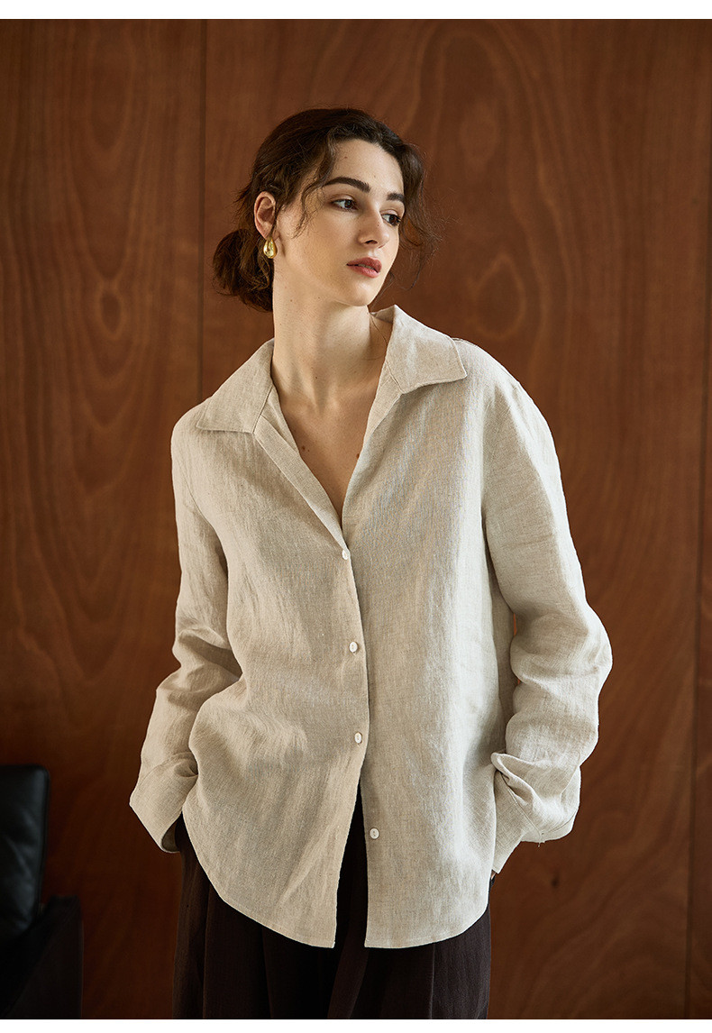 【100%リネン】Vネック ブラウス ゆったり 秋の通勤シャツ ナチュラル素材 #亚麻色