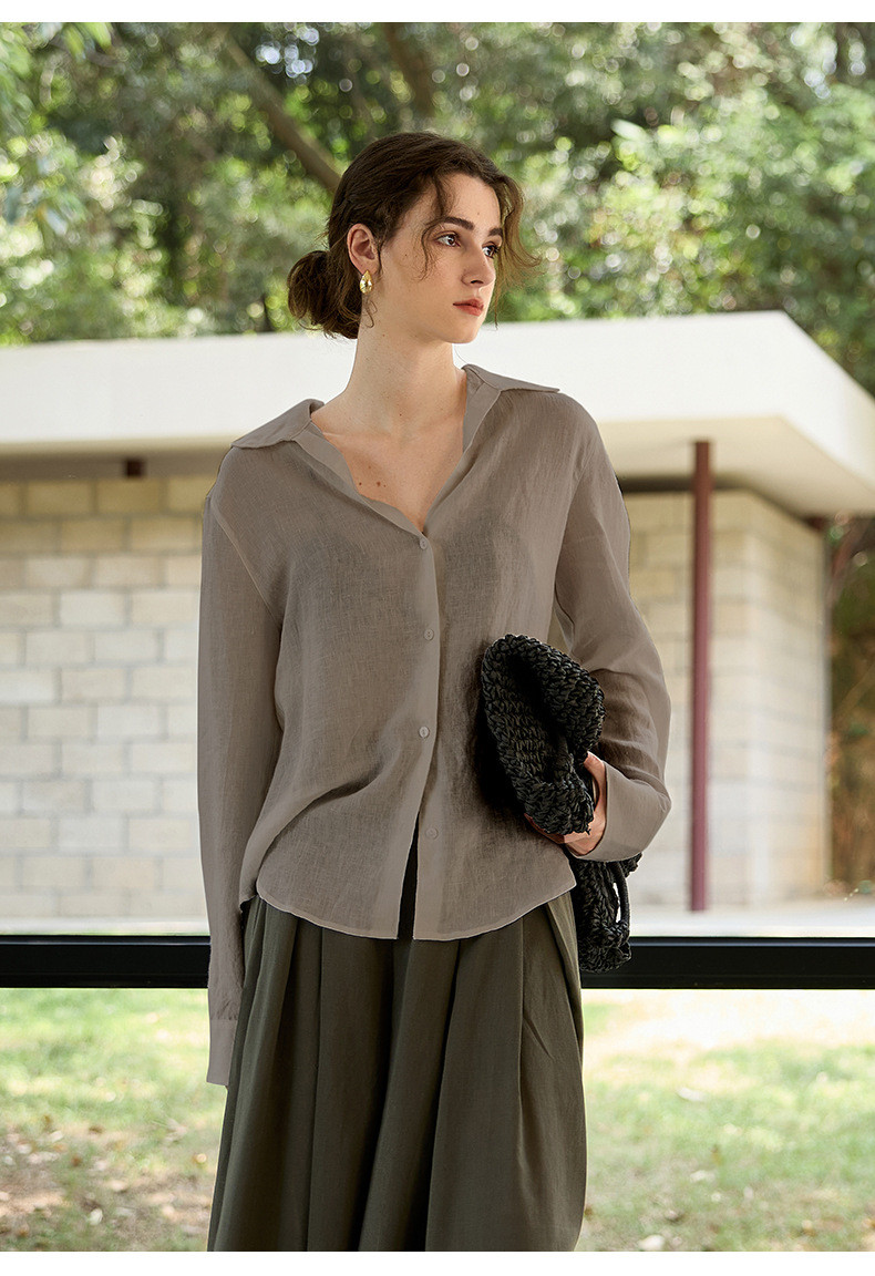 【100%リネン】Vネック ブラウス ゆったり 秋の通勤シャツ ナチュラル素材 #カレー色