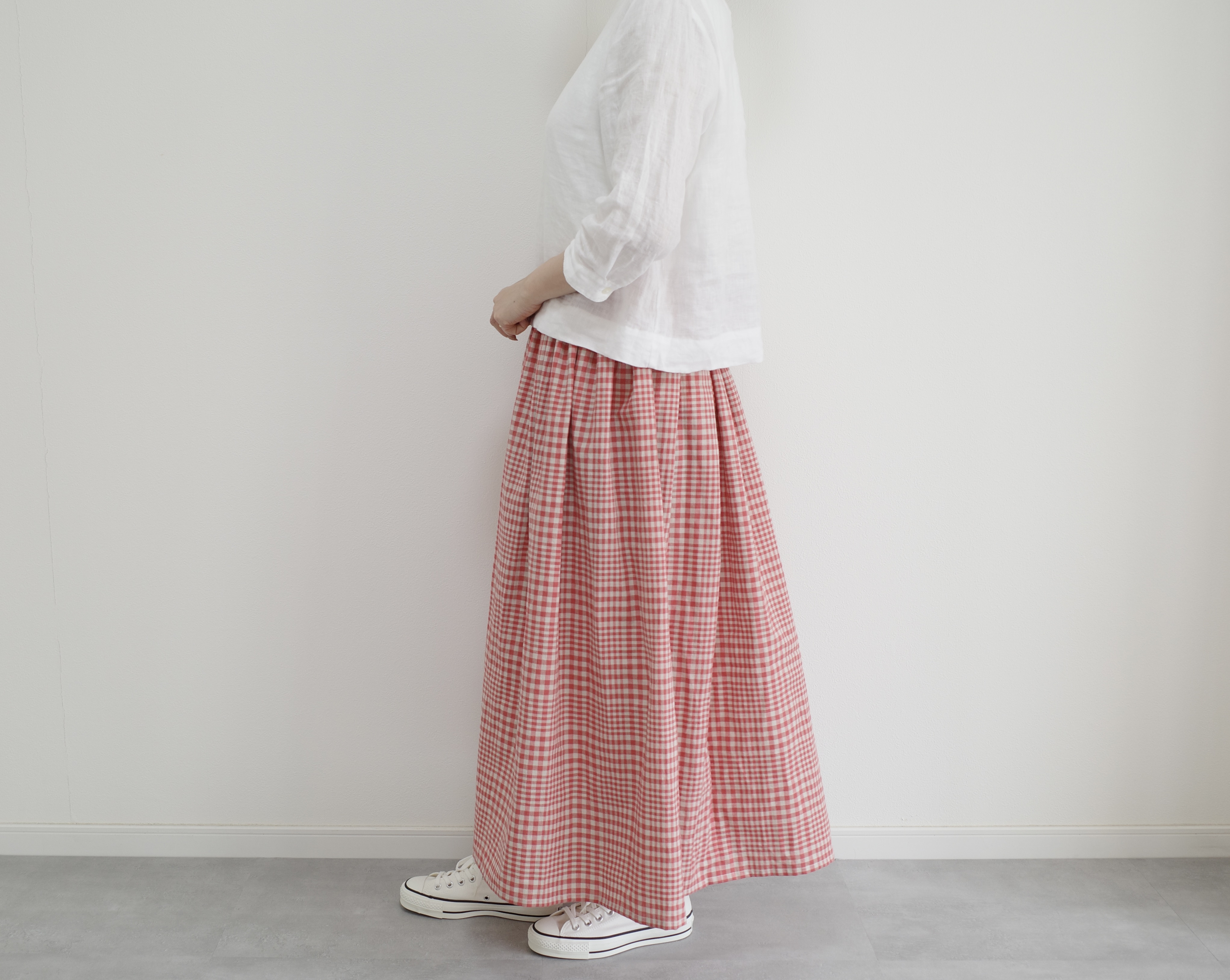 ギンガムチェックコットリネンスカート　レッド