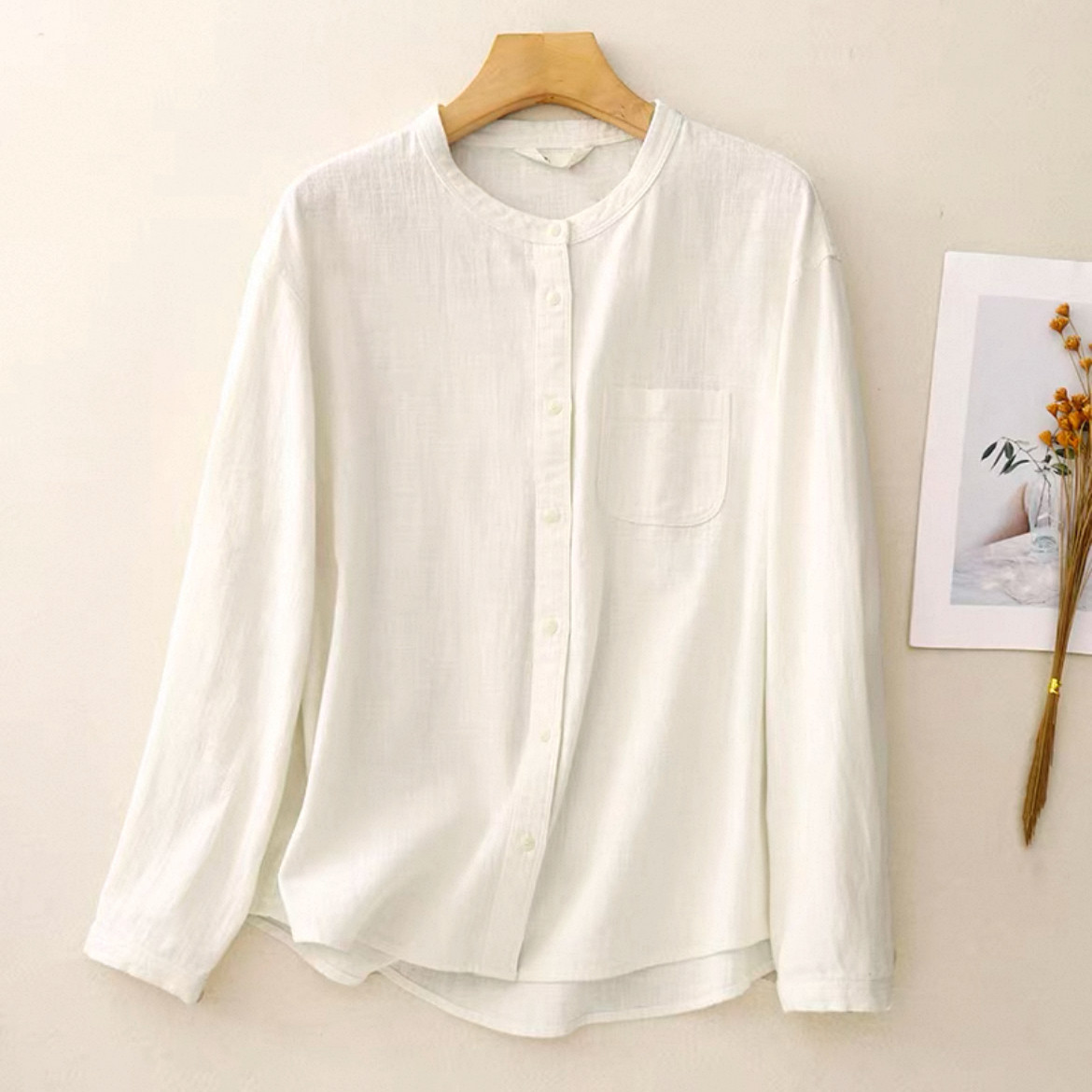 無地トップス、秋のトップス、秋のシャツ、綿麻シャツ、綿麻トップス、大人カジュアルシャツ、長袖