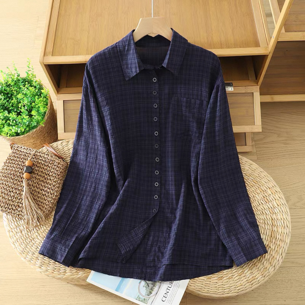 チェックトップス、チェックシャツ、綿麻シャツ、綿麻トップス、大人カジュアル、長袖、秋、