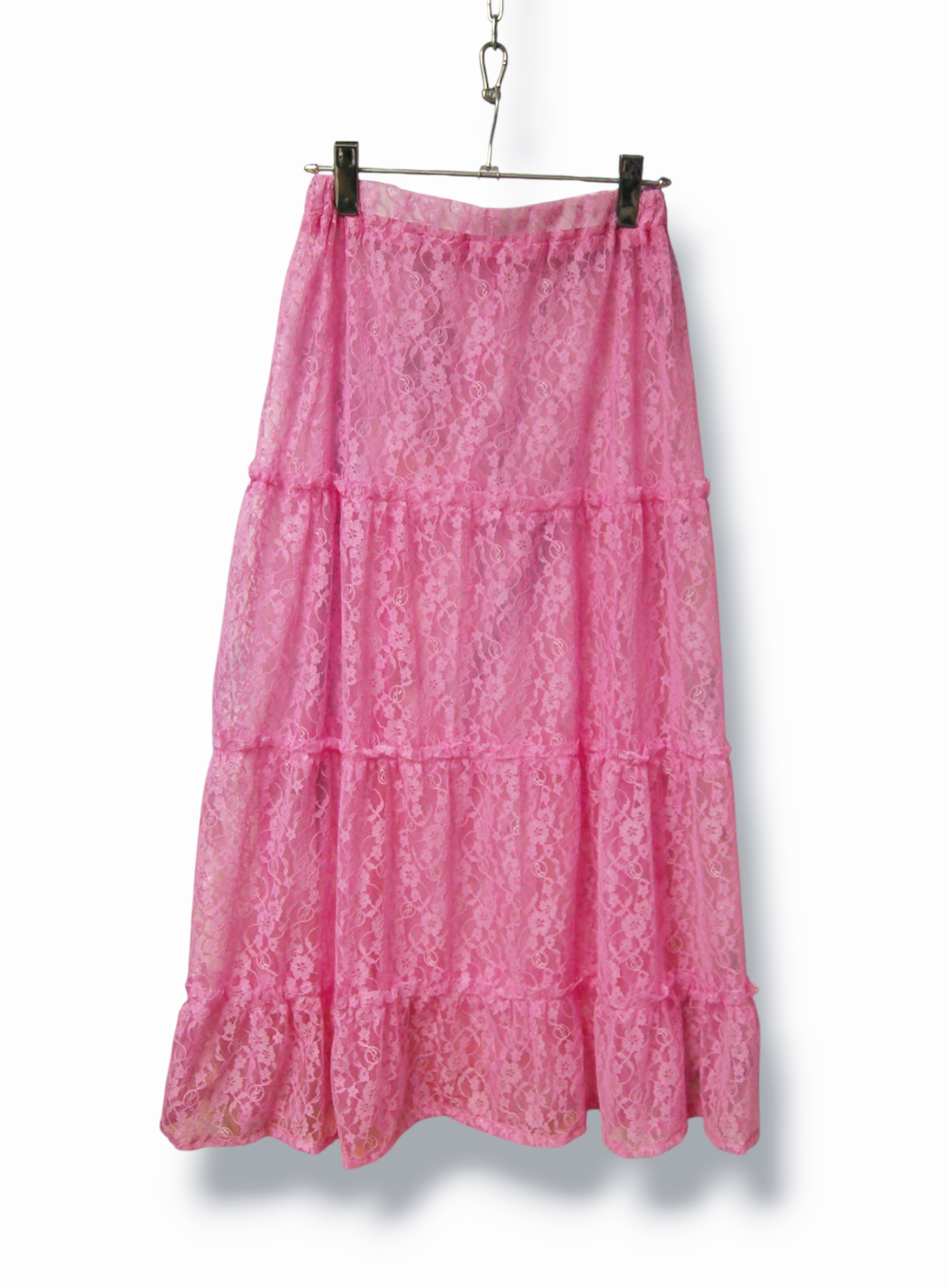 フラワー　レースチュールティアードロングスカート:ピンク
