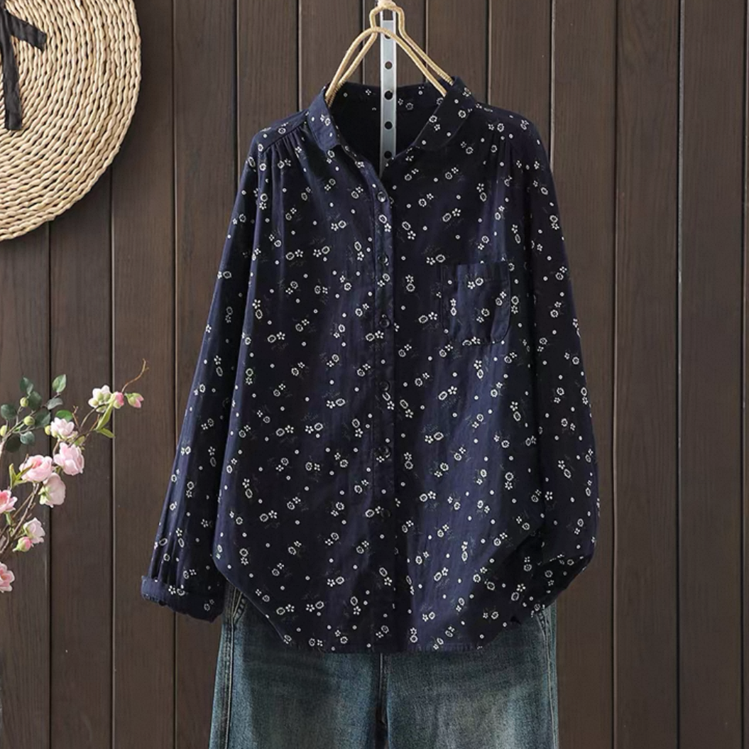 花柄トップス、秋のトップス、秋のシャツ、綿麻シャツ、綿麻トップス、長袖、大人カジュアルシャツ