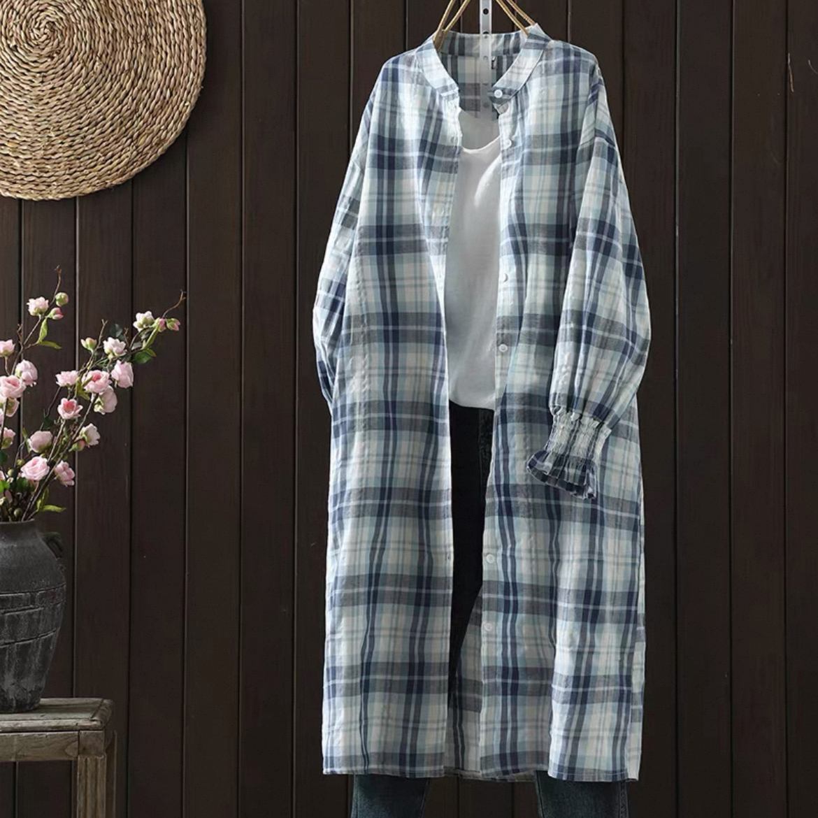 チェックコート、チェックトップス、秋のトップス、秋のシャツ、綿麻シャツ、綿麻トップス、長袖トップス、大人カジュアル
