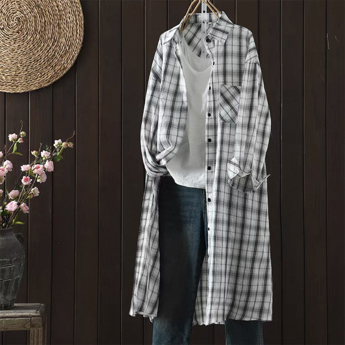 チェックコート、チェックトップス、秋のトップス、秋のシャツ、綿麻シャツ、綿麻トップス、長袖トップス、大人カジュアル