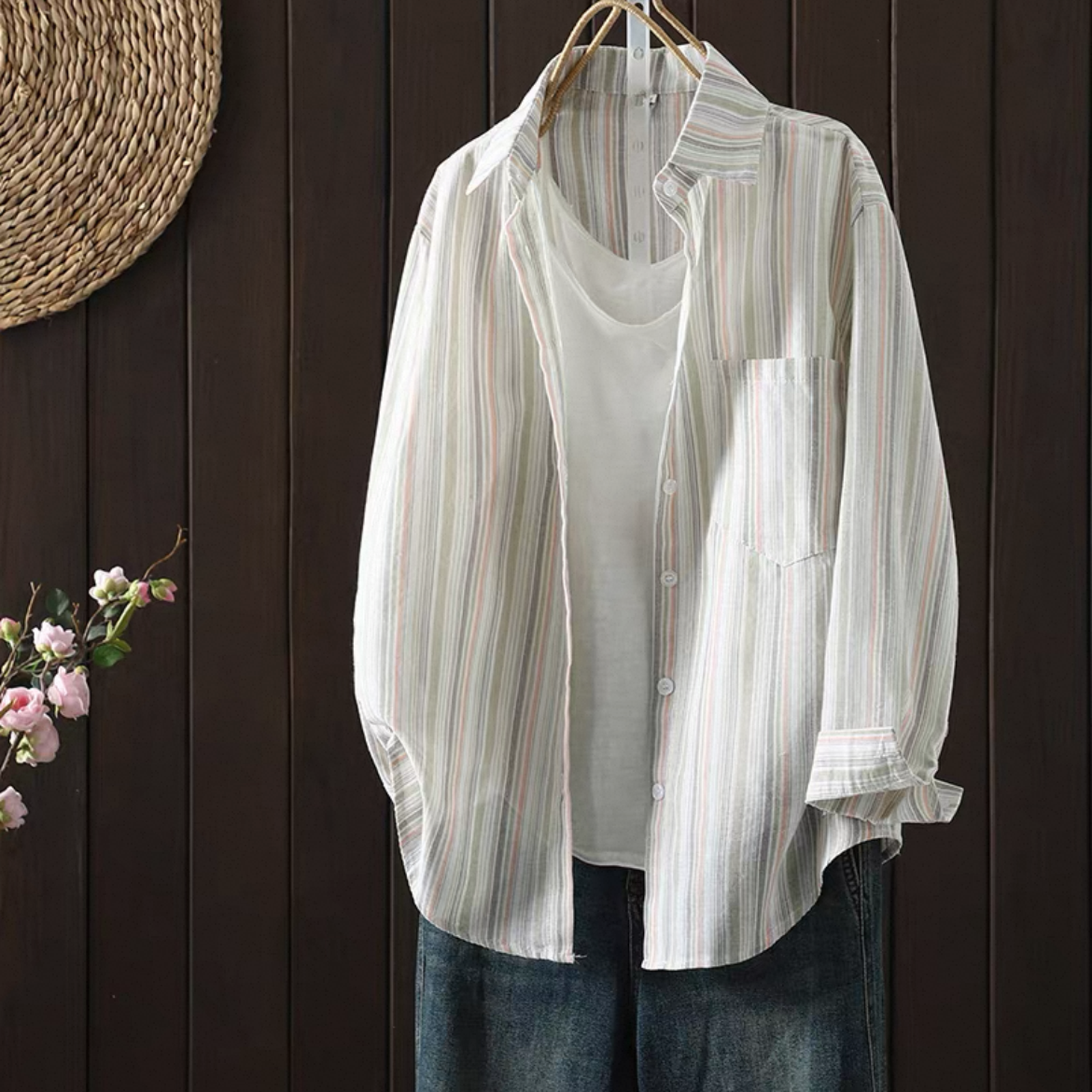 秋のトップス、秋のシャツ、綿麻シャツ、綿麻トップス、大人カジュアルシャツ、ストライプシャツ、ストライプトップス 4,455円