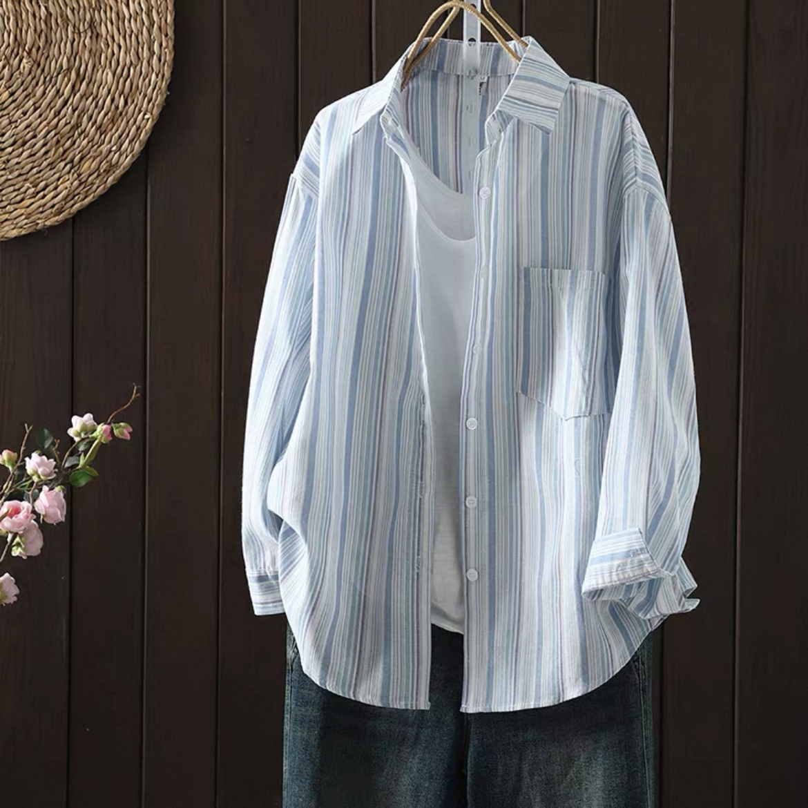 秋のトップス、秋のシャツ、綿麻シャツ、綿麻トップス、大人カジュアルシャツ、ストライプシャツ、ストライプトップス