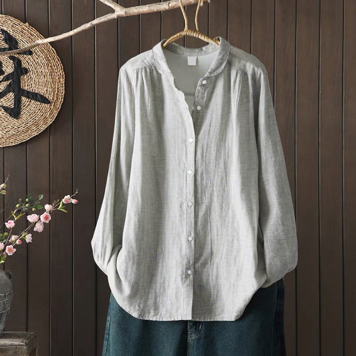 無地トップス、秋のトップス、刺繍シャツ、綿麻シャツ、綿麻トップス、長袖トップス、大人カジュアル