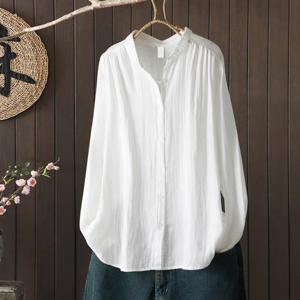 無地トップス、秋のトップス、刺繍シャツ、綿麻シャツ、綿麻トップス、長袖トップス、大人カジュアル