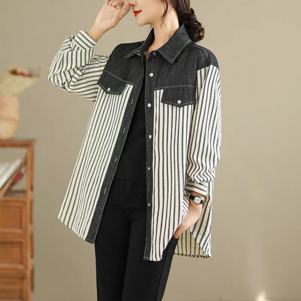 秋のトップス、秋のシャツ、綿麻シャツ、綿麻トップス、大人カジュアルシャツ、ストライプシャツ、ストライプトップス 4,440円