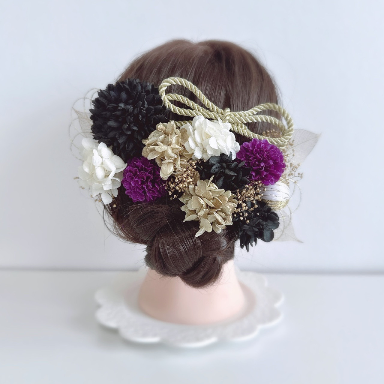 ベージュ パープル 黒 ゴールド リボン ヘッドドレス 和装 髪飾り 成人式 前撮り 袴 卒業式