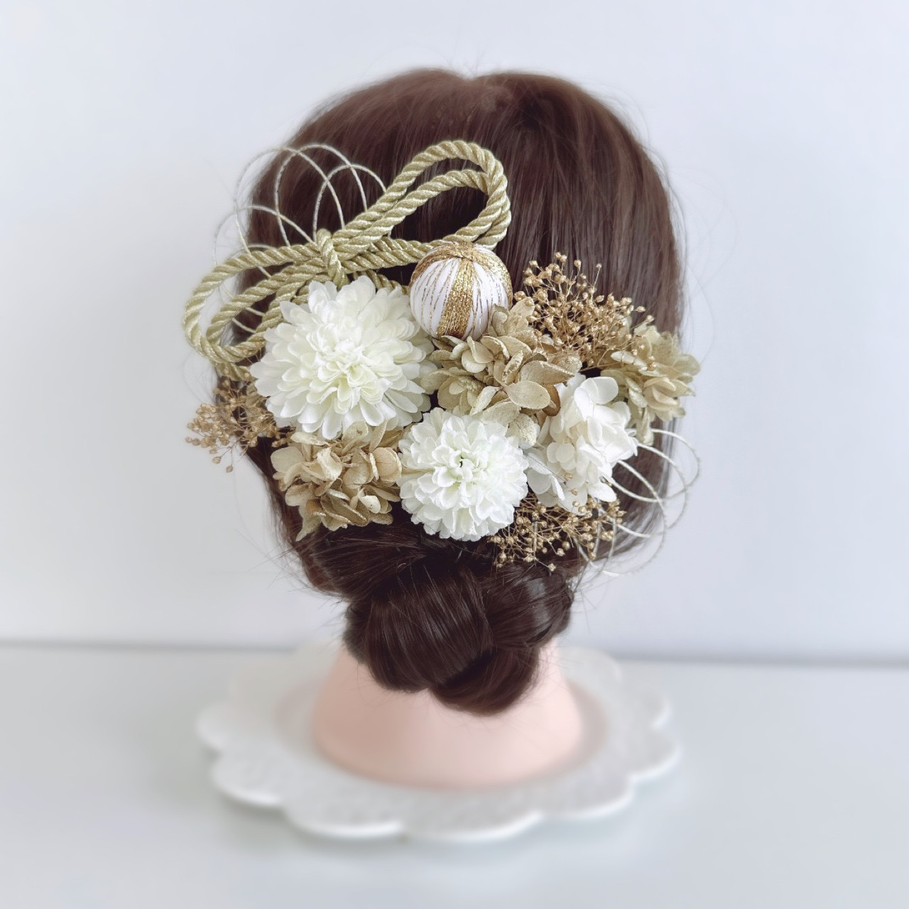 ホワイトマム 水引 和玉 ロープリボン ホワイト ゴールド 白無垢 和装 髪飾り 前撮り ドライフラワー
