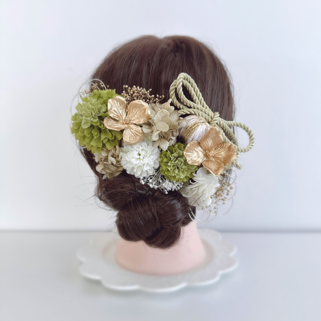 グリーン 抹茶 ゴールド リボン ヘッドドレス 和装 髪飾り 成人式 前撮り 袴 卒業式