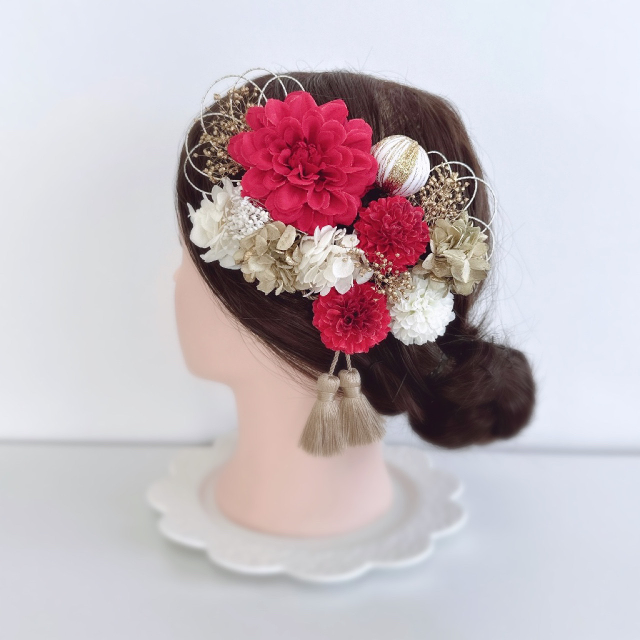 赤 ホワイト ゴールド リボン ヘッドドレス 和装 髪飾り 成人式 前撮り 袴 卒業式