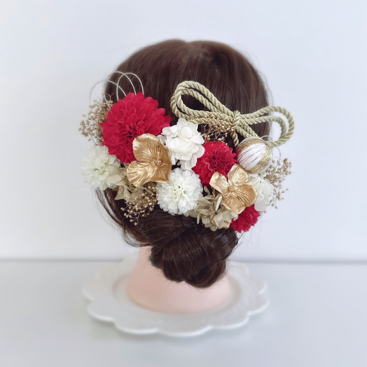 赤 ホワイト ゴールド リボン ヘッドドレス 和装 髪飾り 成人式 前撮り 袴 卒業式