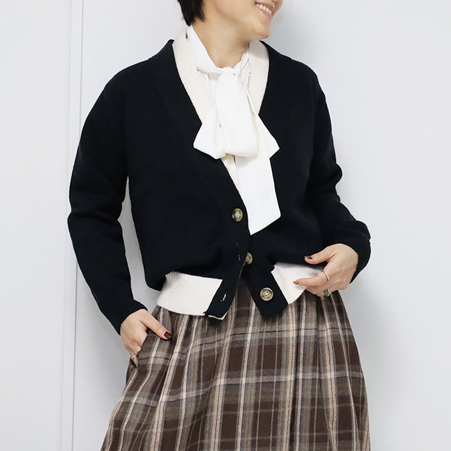 秋冬新作2025❤︎バイカラーウール混カーディガンニットセーター25035BKF