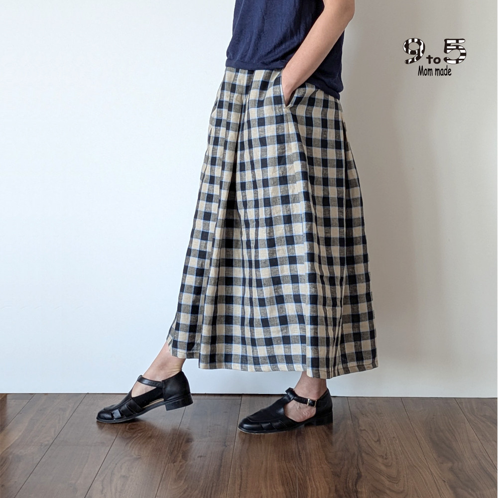 リネン100％　大人のタックギャザースカート　ブロックチェック（ベージュ＆ブラック）