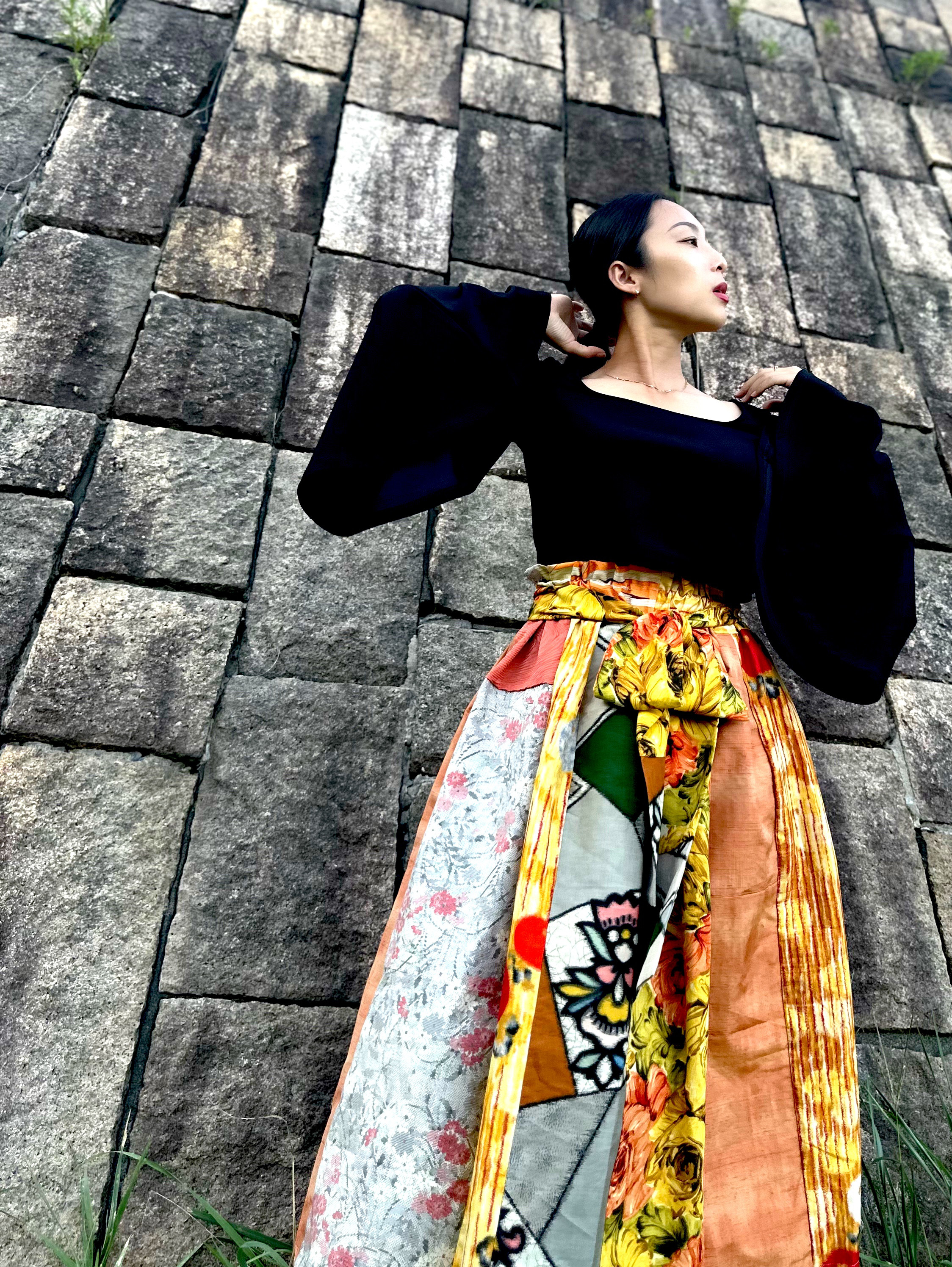 大正ロマン　紬と銘仙のパッチワークロングスカート　世界に1つの着物服