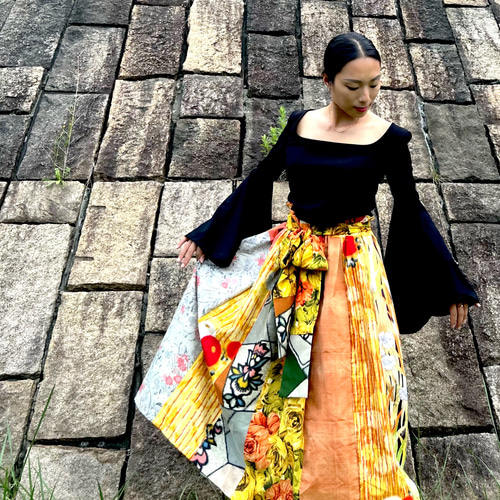 大正ロマン 紬と銘仙のパッチワークロングスカート 世界に1つの着物服