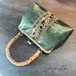 9月新作♡イタリアレースと帯の融合♡秋の神秘的な深みグリーンの上質箔加工高級帯バッグ　バンブー口金　パーティーバッグ 5枚目の画像