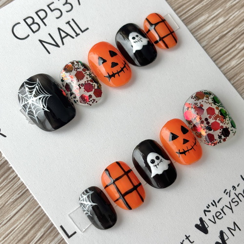 ハロウィン/ネイルチップ/ハロウィン/秋/オレンジ/黒/チェック