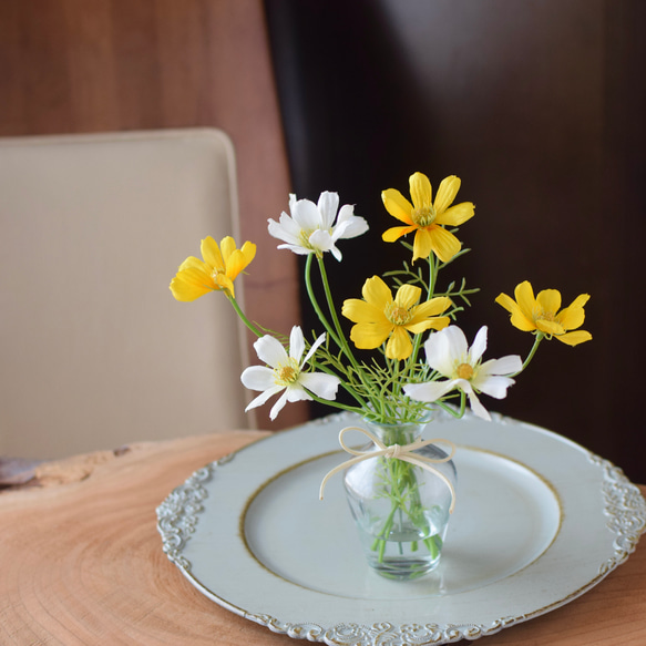 さりげなく可愛い♪キバナコスモスとホワイトコスモス《フェイクウォーターアレンジ》Creema限定 1枚目の画像