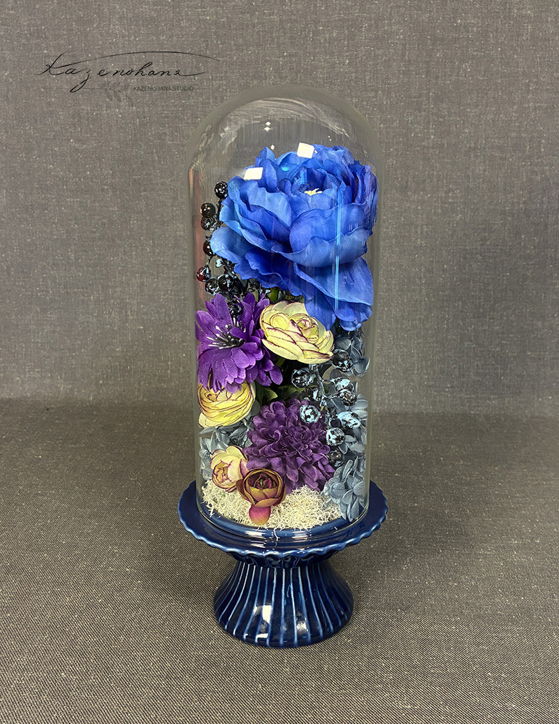 高級造花＊ガラスドームお供え花【青大】＊アーティフィシャルフラワー＆プリザーブド＊納骨堂＊仏壇